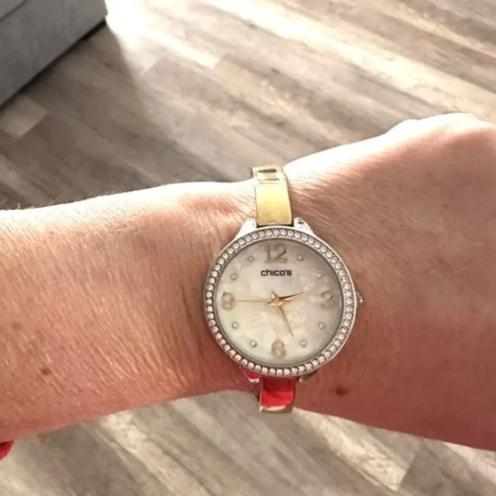 Chico’s Large Face Mother of Pearl Pave Rhinestone Goldtone Delicate‎ Band Watch